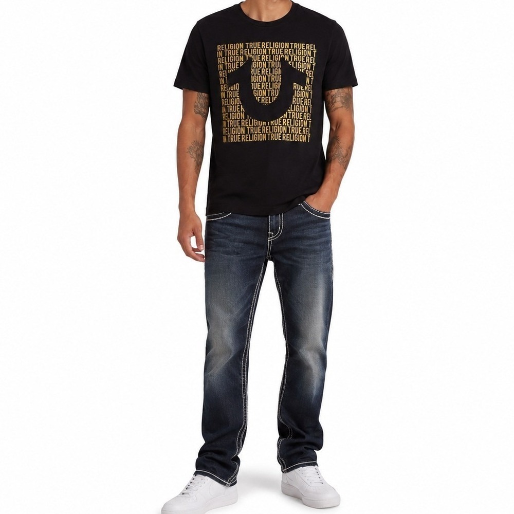 True Religion T-Shirt Mens Large Black Gold Logo Graphic Casual Classic
